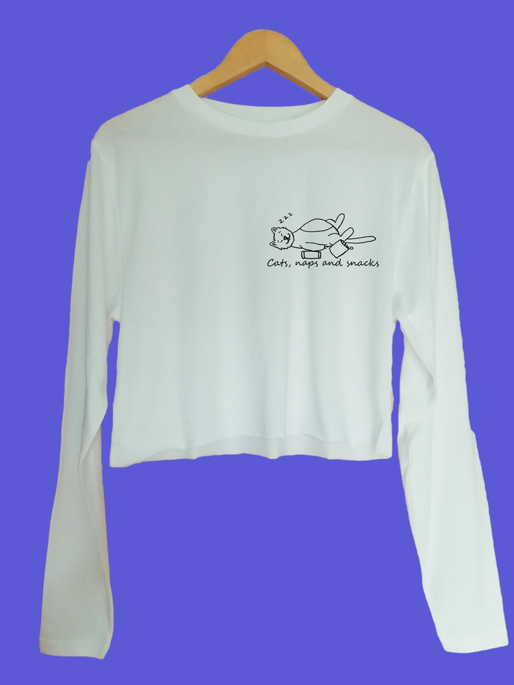 Cats naps and snacks Organic Long Sleeve raw edge crop