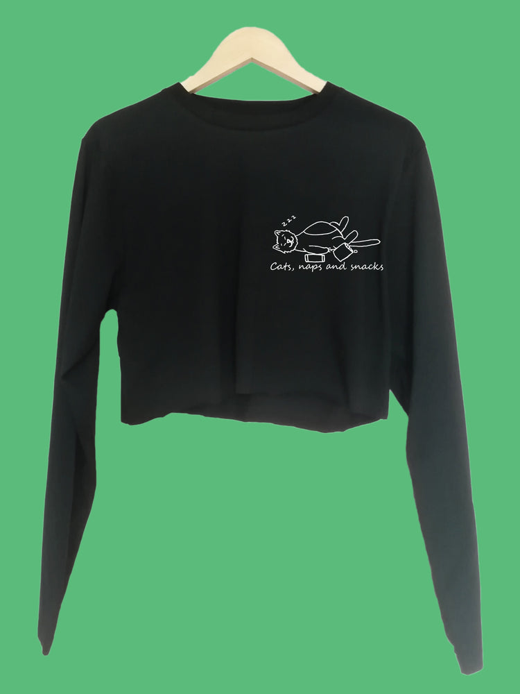 Cats naps and snacks Organic Long Sleeve raw edge crop