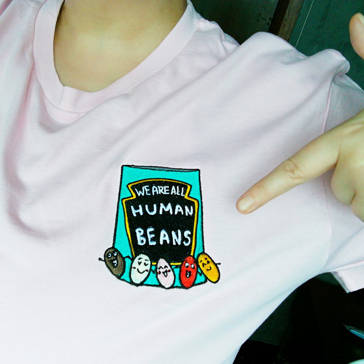 We are all human beans embroidered Organic Shirt