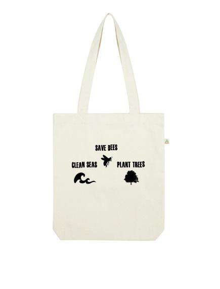 Save Bees, Clean Seas Plant Trees recycled tote - One Planet Mind